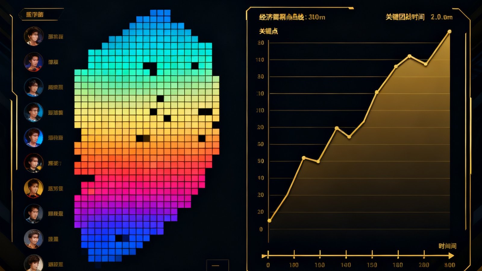 UWIN电竞深度数据面板界面，左侧为选手走位热图以渐变色彩标注高频活动区域，右侧展示经济曲线拐点与关键团战时间轴，整体设计采用暗色主题配以金色数据线条