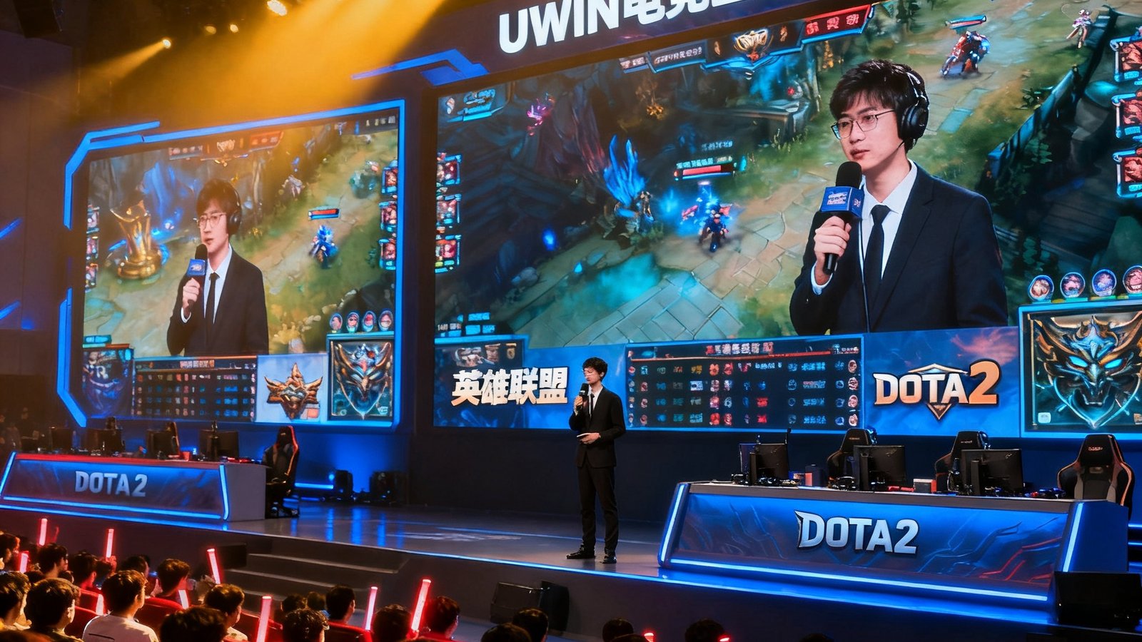 UWIN电竞全球赛事直播大厅内多块高清屏幕同步播放英雄联盟与DOTA2顶级赛事，专业解说员正实时分析战局，氛围热烈