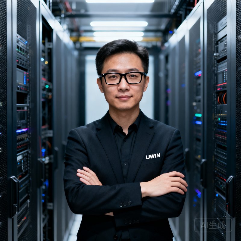 UWIN电竞创始人兼CEO陈志远，35岁，前腾讯电竞技术顾问，戴着黑框眼镜，在服务器机房中双臂交叉站立
